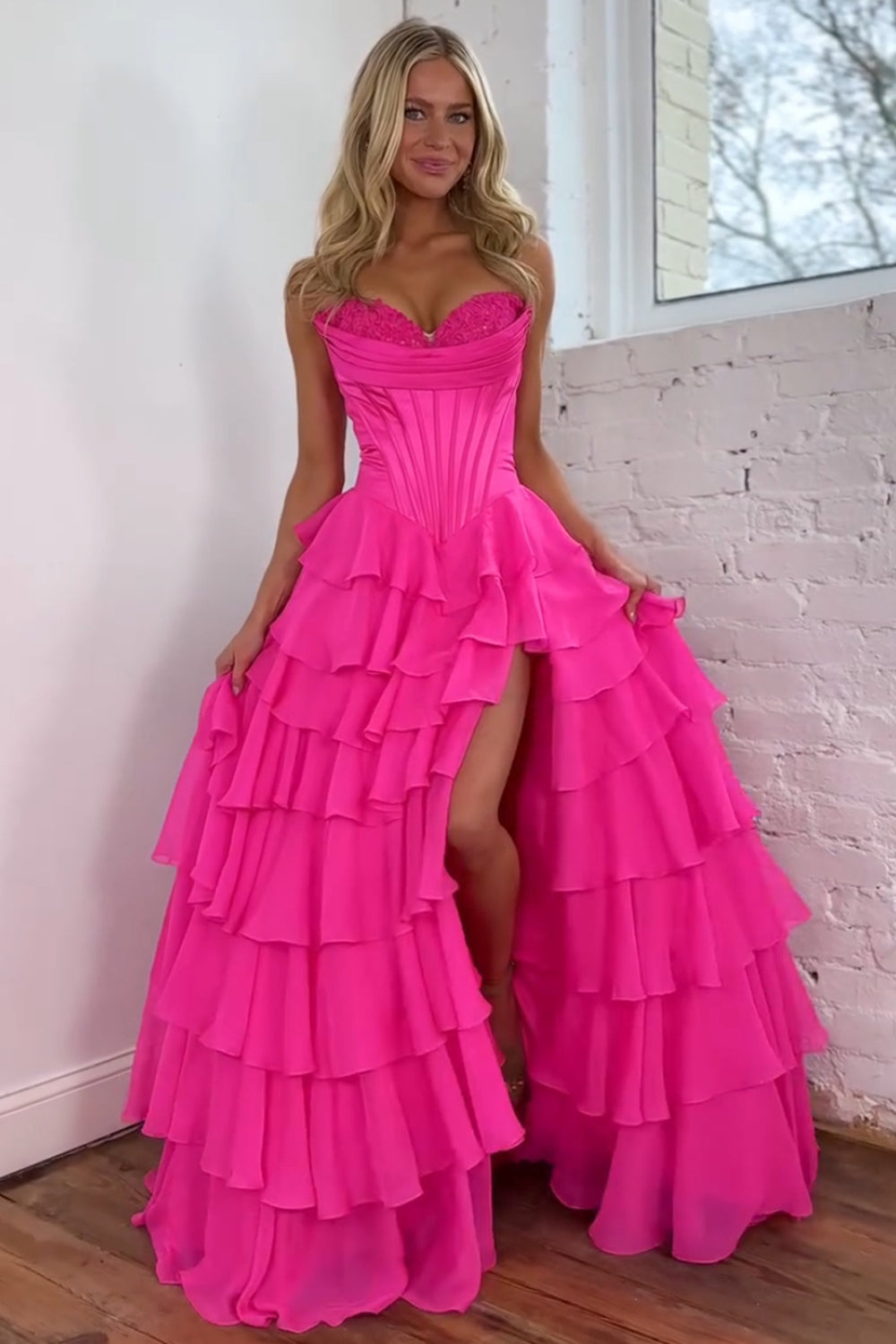 Sweetheart Princess Corset Prom Dress in Light Pink with Tiered Chiffon and Slit