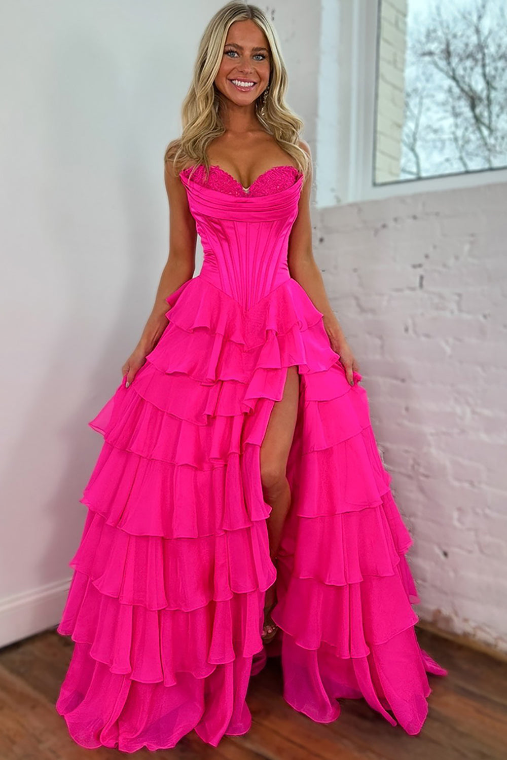 Sweetheart Princess Corset Prom Dress in Light Pink with Tiered Chiffon and Slit
