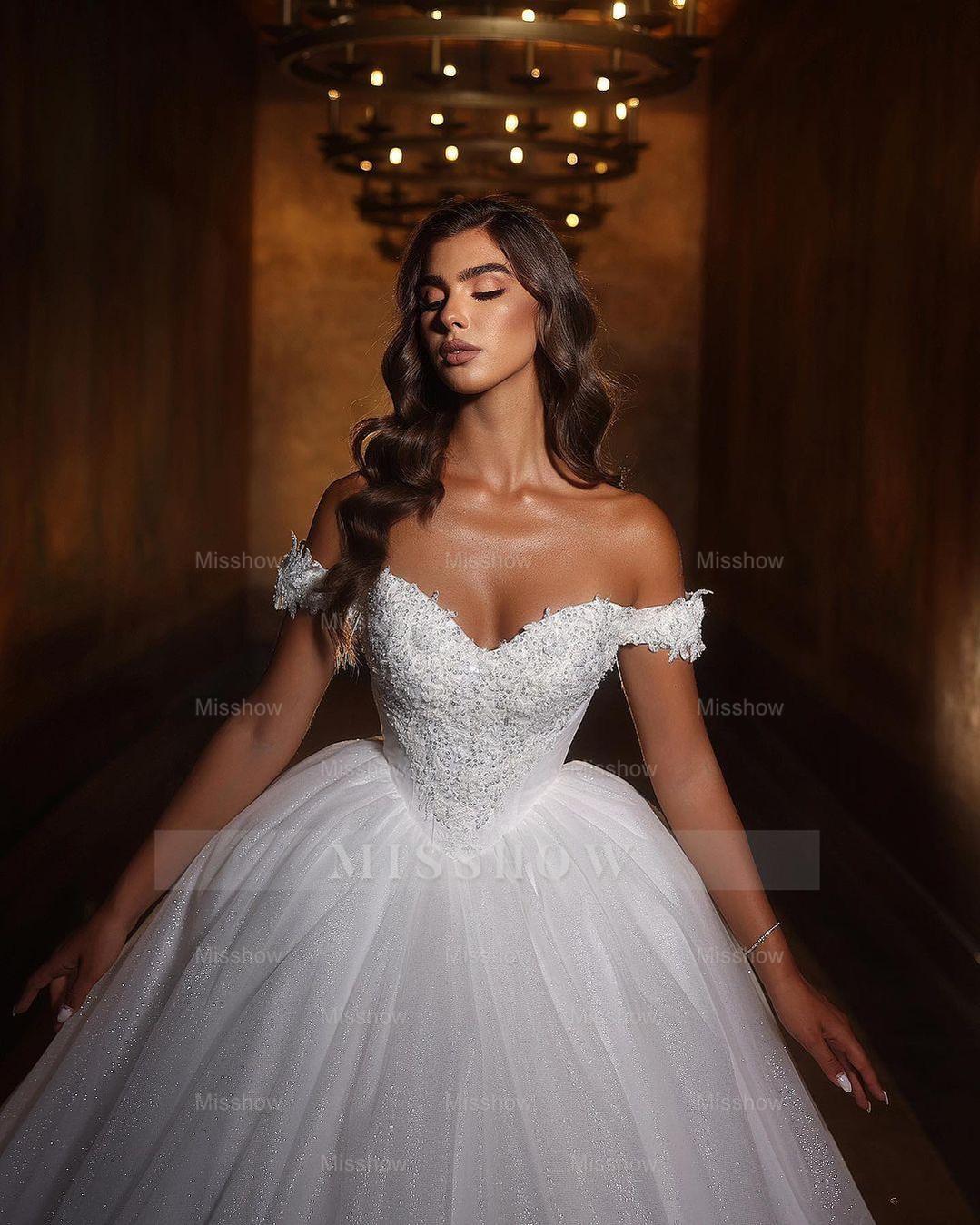 Sweetheart Princess Long White Off-the-shoulder A-line Glitter Wedding misshow.com Sweetheart Princess Long White Off-the-shoulder A-line Glitter Wedding misshow.com