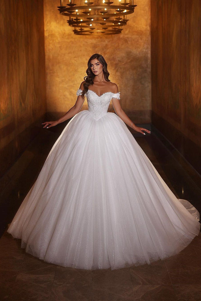 Sweetheart Princess Long White Off-the-shoulder A-line Glitter