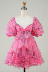 A-Line Sweetheart Puff Sleeves Fuchsia Floral Short Homecoming Dress with Ruffles
