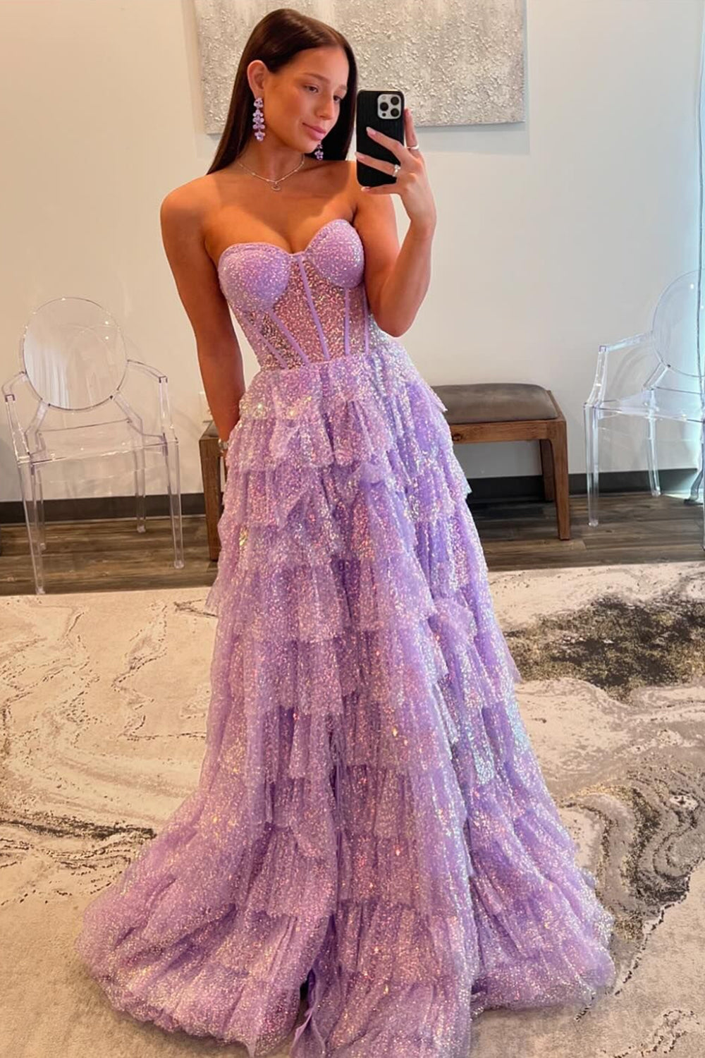 Sweetheart Purple Sparkly Long A-Line Tiered Tulle Corset Prom Dress