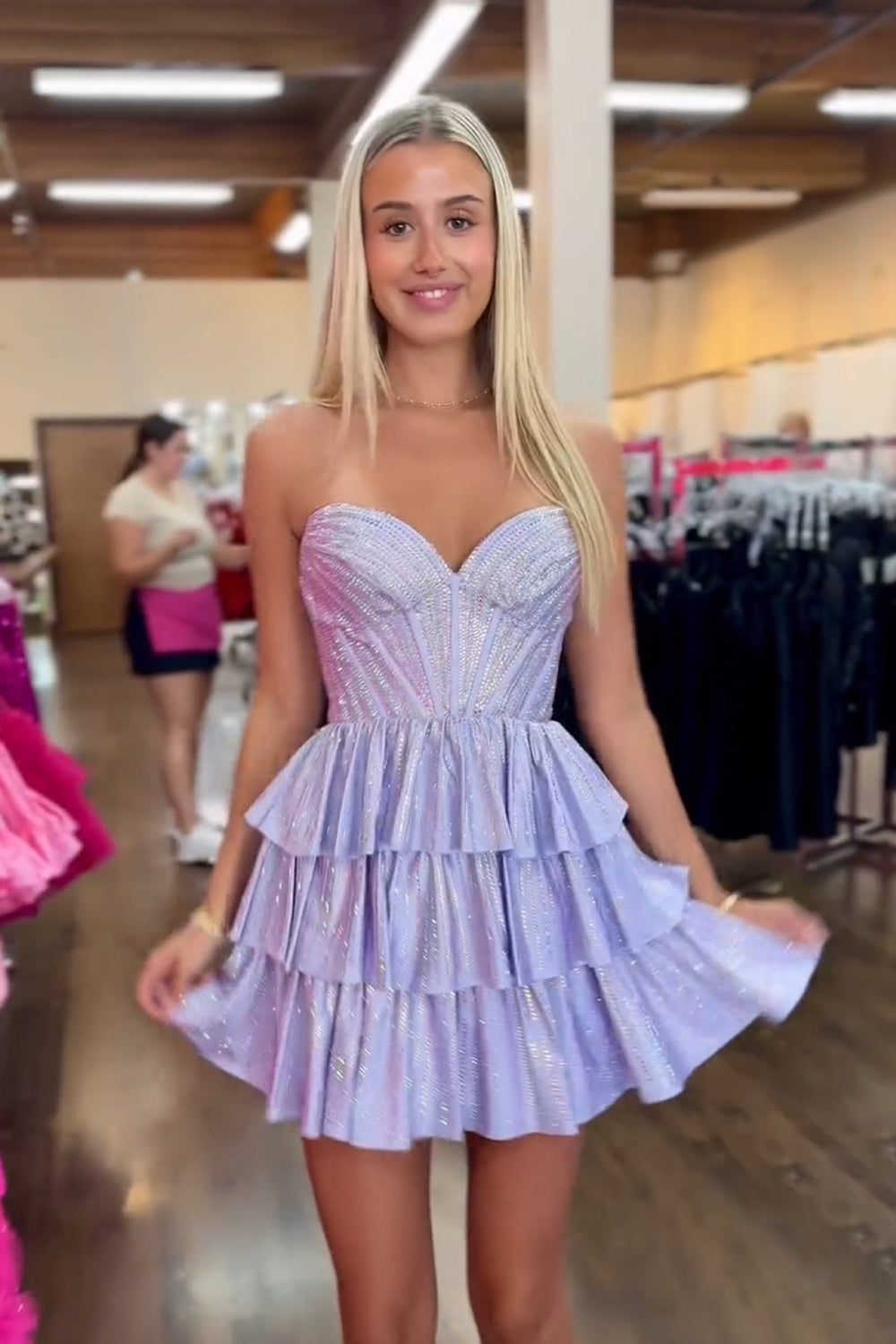 Sweetheart Rhinestone Beaded Corset Bodice 3-Tier Ruffle Satin Skirt Lace-Up A-Line Homecoming Dress Mini