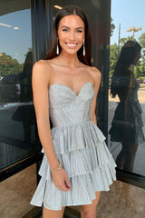 Sweetheart Rhinestone Beaded Corset Bodice 3-Tier Ruffle Satin Skirt Lace-Up A-Line Homecoming Dress Mini