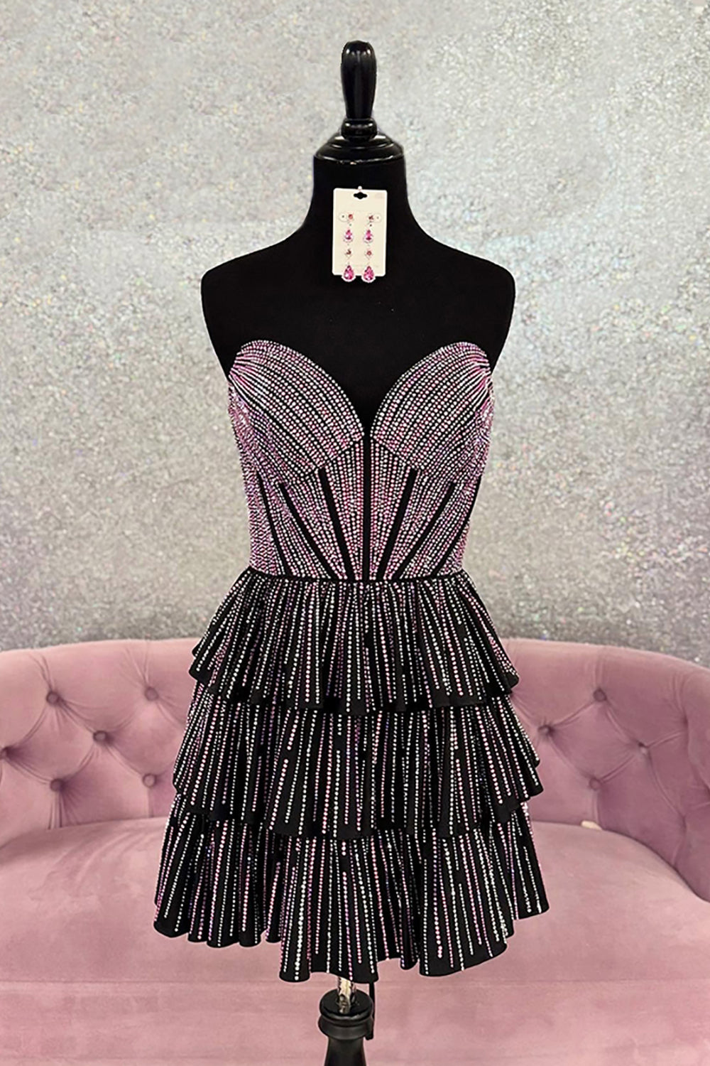 Sweetheart Rhinestone Beaded Corset Bodice 3-Tier Ruffle Satin Skirt Lace-Up A-Line Homecoming Dress Mini