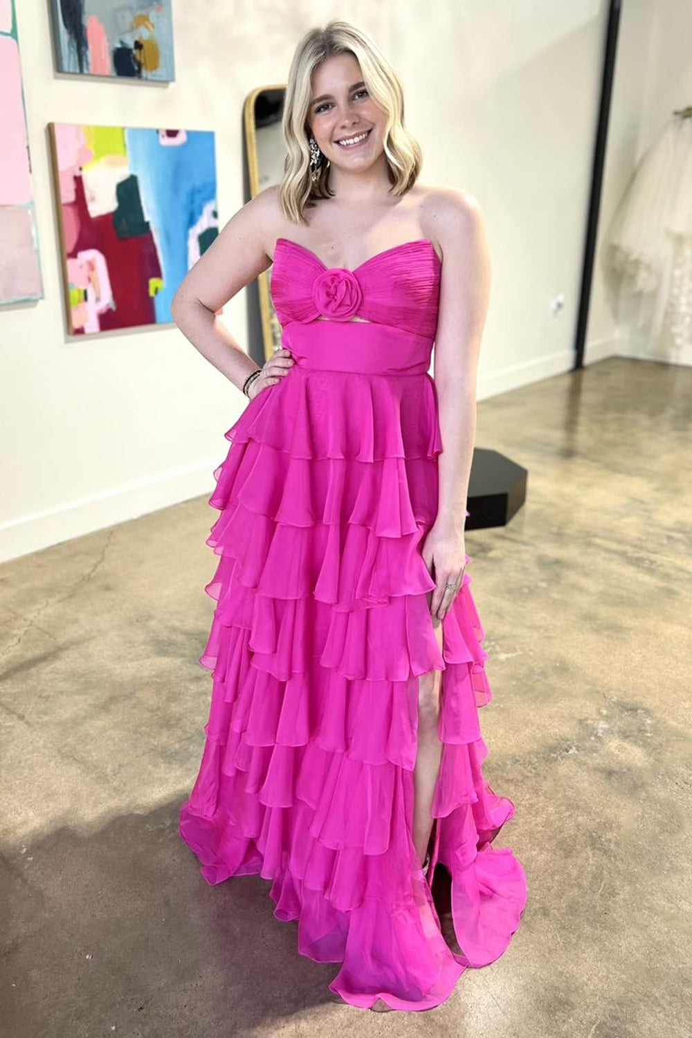 Sweetheart Royal Blue Chiffon Long Prom Dress with Slit in A-Line Tiered Design