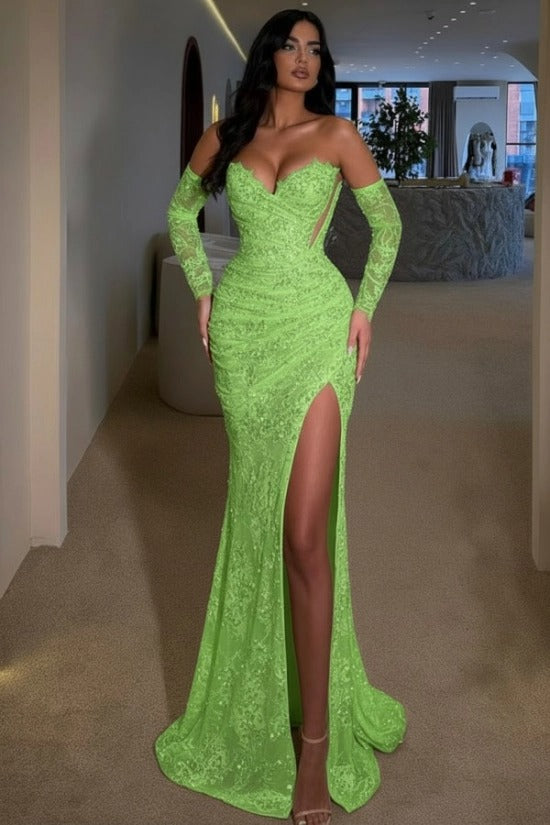 Sweetheart Sequin Mermaid Evening Dress Long Sleeve Gloves Lace Applique High Split Formal Gown