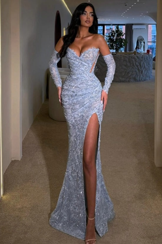 Sweetheart Sequin Mermaid Evening Dress Long Sleeve Gloves Lace Applique High Split Formal Gown
