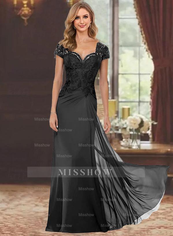 Sweetheart Short-Sleeve Floor-Length Sheath Mother of the Bride Dress with Lace Appliques & Sequins