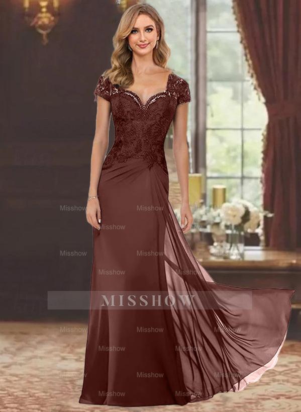 Sweetheart Short-Sleeve Floor-Length Sheath Mother of the Bride Dress with Lace Appliques & Sequins