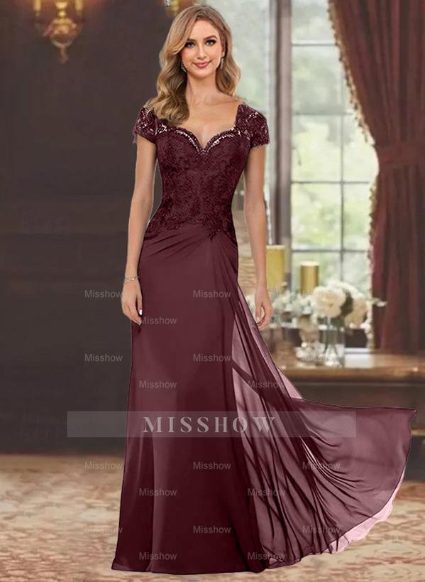 Sweetheart Short-Sleeve Floor-Length Sheath Mother of the Bride Dress with Lace Appliques & Sequins