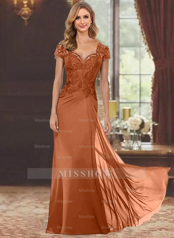 Sweetheart Short-Sleeve Floor-Length Sheath Mother of the Bride Dress with Lace Appliques & Sequins