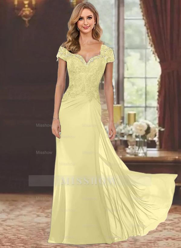 Sweetheart Short-Sleeve Floor-Length Sheath Mother of the Bride Dress with Lace Appliques & Sequins