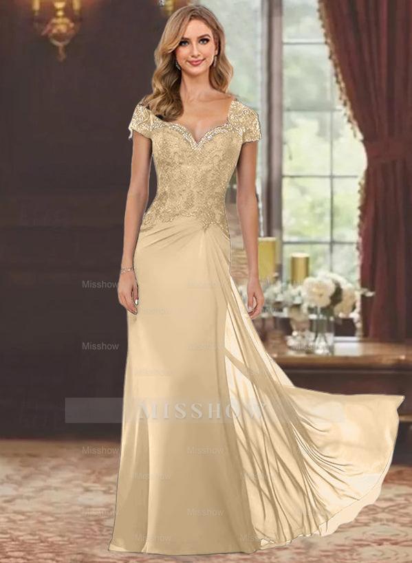 Sweetheart Short-Sleeve Floor-Length Sheath Mother of the Bride Dress with Lace Appliques & Sequins