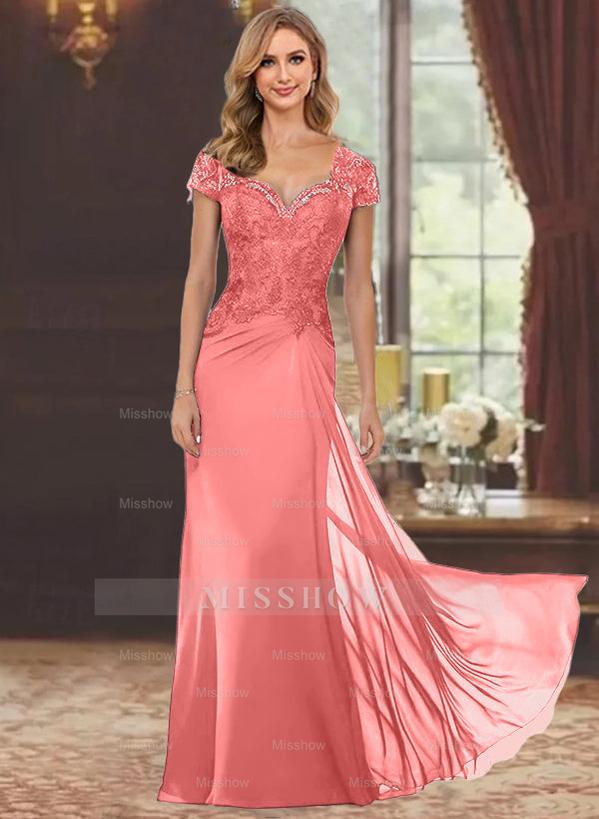 Sweetheart Short-Sleeve Floor-Length Sheath Mother of the Bride Dress with Lace Appliques & Sequins
