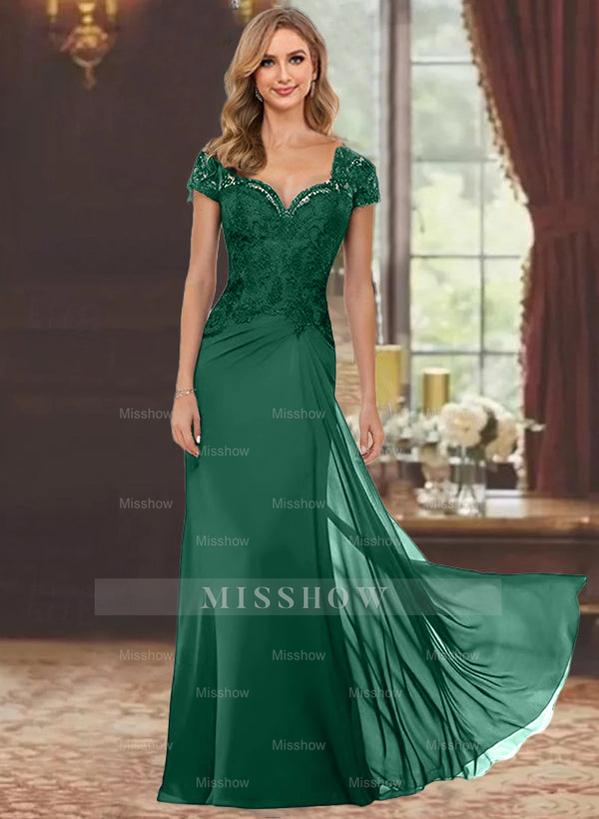Sweetheart Short-Sleeve Floor-Length Sheath Mother of the Bride Dress with Lace Appliques & Sequins