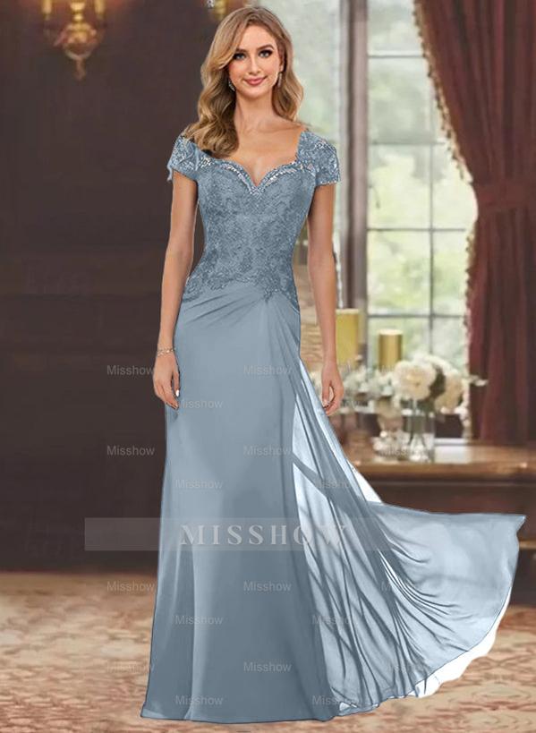 Sweetheart Short-Sleeve Floor-Length Sheath Mother of the Bride Dress with Lace Appliques & Sequins