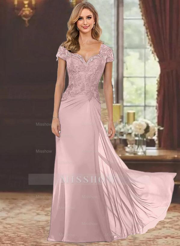 Sweetheart Short-Sleeve Floor-Length Sheath Mother of the Bride Dress with Lace Appliques & Sequins