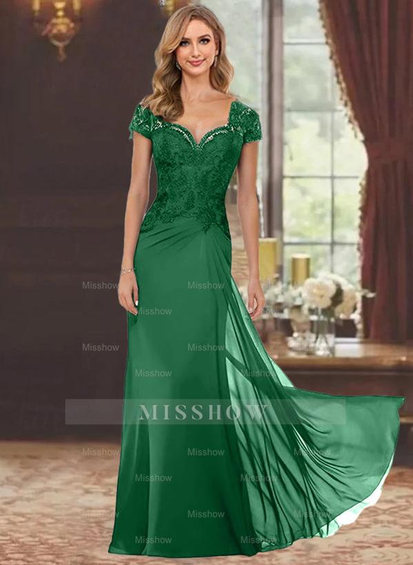 Sweetheart Short-Sleeve Floor-Length Sheath Mother of the Bride Dress with Lace Appliques & Sequins