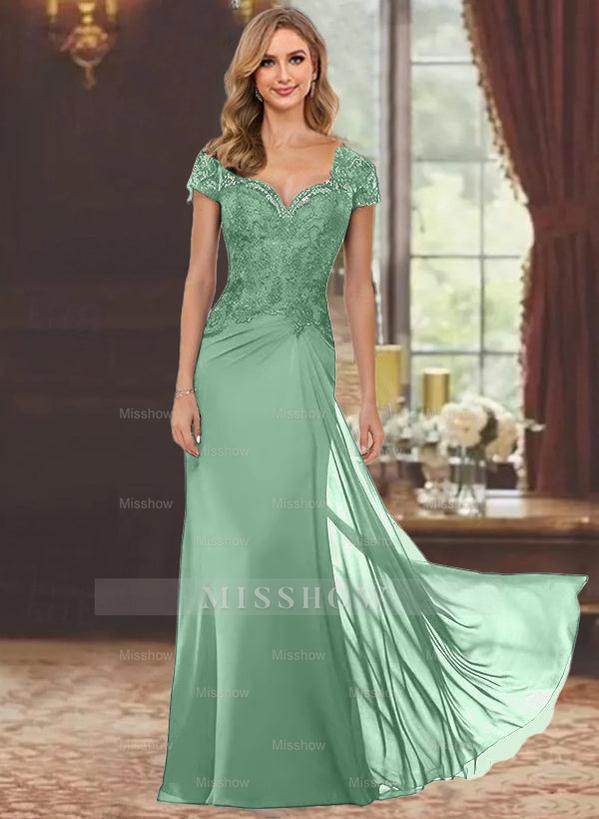 Sweetheart Short-Sleeve Floor-Length Sheath Mother of the Bride Dress with Lace Appliques & Sequins