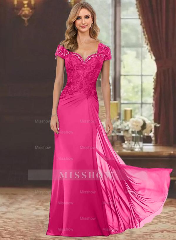 Sweetheart Short-Sleeve Floor-Length Sheath Mother of the Bride Dress with Lace Appliques & Sequins