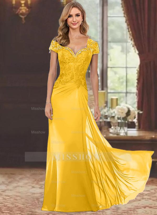 Sweetheart Short-Sleeve Floor-Length Sheath Mother of the Bride Dress with Lace Appliques & Sequins