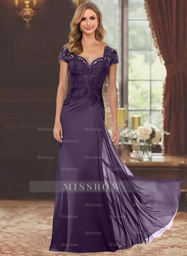 Sweetheart Short-Sleeve Floor-Length Sheath Mother of the Bride Dress with Lace Appliques & Sequins