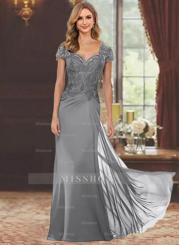 Sweetheart Short-Sleeve Floor-Length Sheath Mother of the Bride Dress with Lace Appliques & Sequins