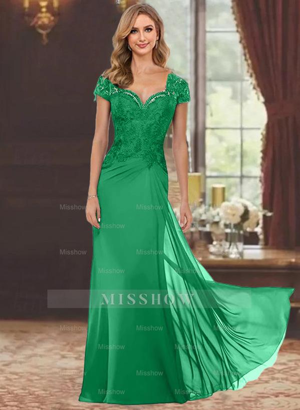 Sweetheart Short-Sleeve Floor-Length Sheath Mother of the Bride Dress with Lace Appliques & Sequins