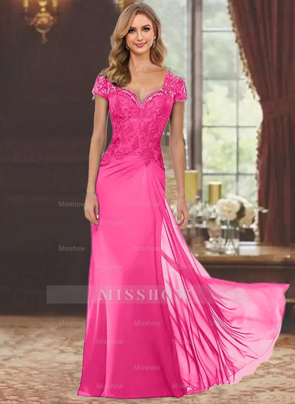 Sweetheart Short-Sleeve Floor-Length Sheath Mother of the Bride Dress with Lace Appliques & Sequins