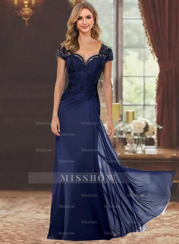 Sweetheart Short-Sleeve Floor-Length Sheath Mother of the Bride Dress with Lace Appliques & Sequins