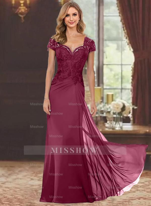Sweetheart Short-Sleeve Floor-Length Sheath Mother of the Bride Dress with Lace Appliques & Sequins