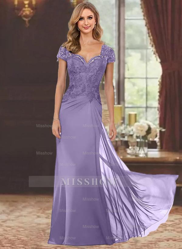 Sweetheart Short-Sleeve Floor-Length Sheath Mother of the Bride Dress with Lace Appliques & Sequins