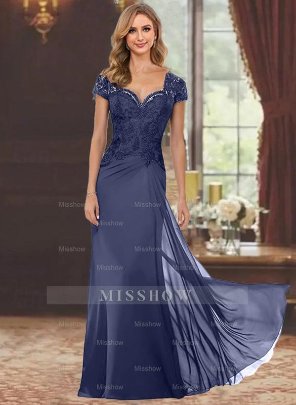 Sweetheart Short-Sleeve Floor-Length Sheath Mother of the Bride Dress with Lace Appliques & Sequins