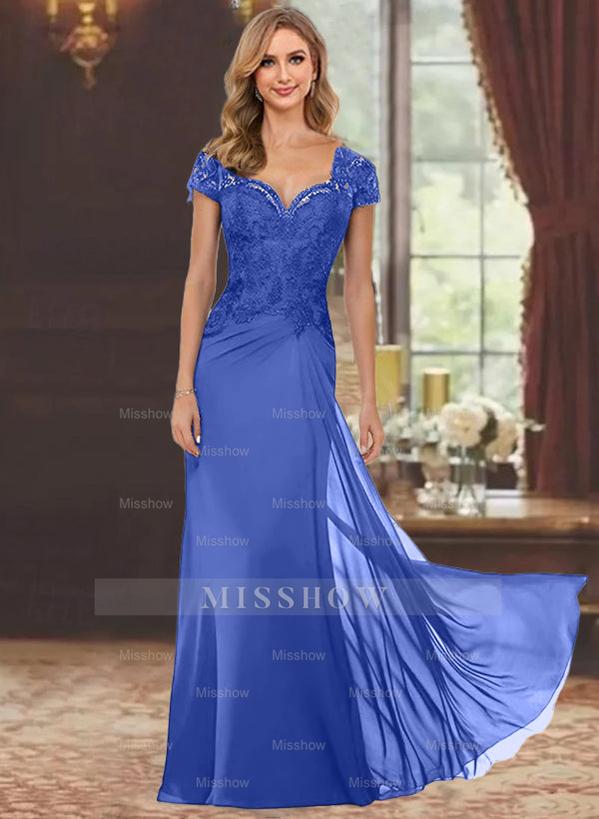 Sweetheart Short-Sleeve Floor-Length Sheath Mother of the Bride Dress with Lace Appliques & Sequins