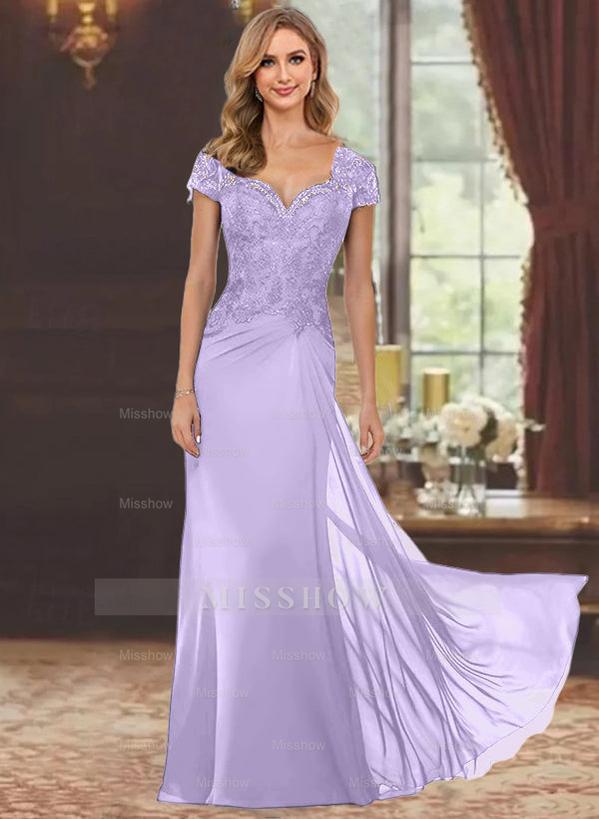 Sweetheart Short-Sleeve Floor-Length Sheath Mother of the Bride Dress with Lace Appliques & Sequins