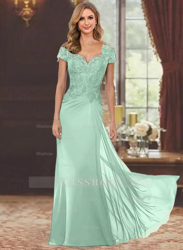 Sweetheart Short-Sleeve Floor-Length Sheath Mother of the Bride Dress with Lace Appliques & Sequins