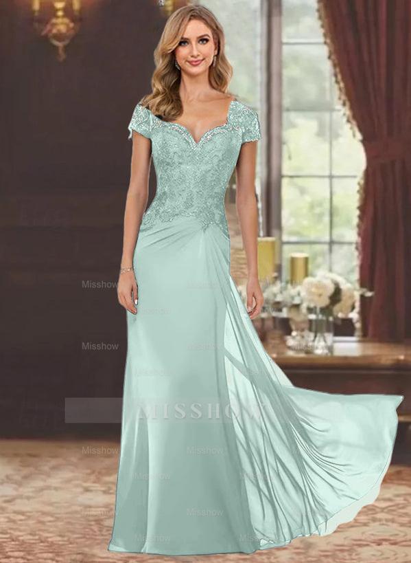 Sweetheart Short-Sleeve Floor-Length Sheath Mother of the Bride Dress with Lace Appliques & Sequins