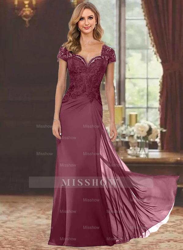 Sweetheart Short-Sleeve Floor-Length Sheath Mother of the Bride Dress with Lace Appliques & Sequins