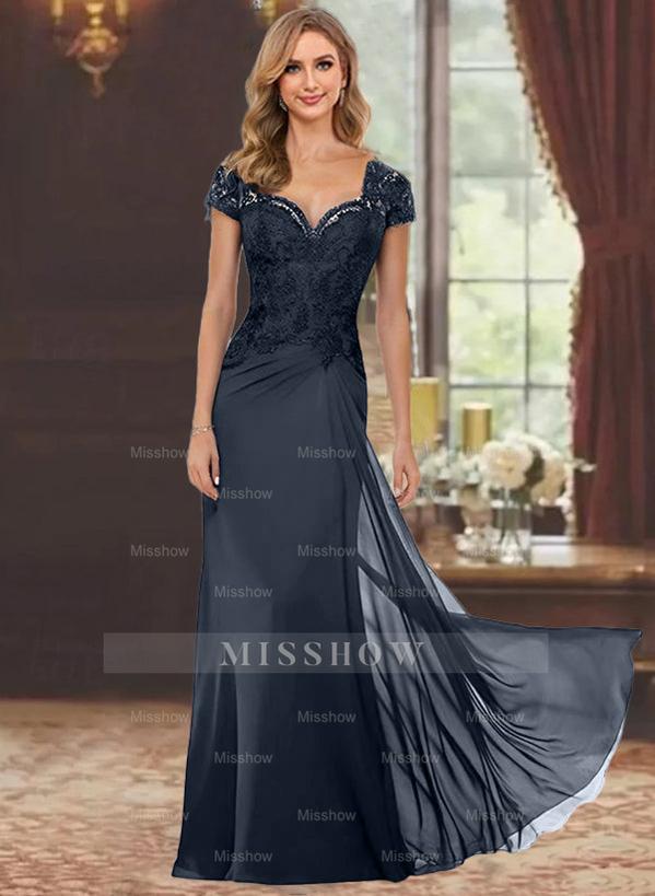 Sweetheart Short-Sleeve Floor-Length Sheath Mother of the Bride Dress with Lace Appliques & Sequins