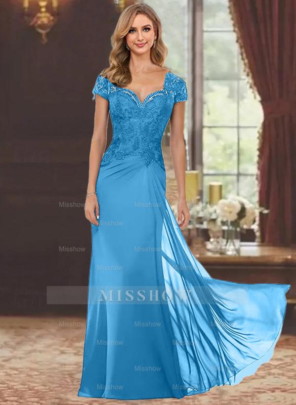 Sweetheart Short-Sleeve Floor-Length Sheath Mother of the Bride Dress with Lace Appliques & Sequins