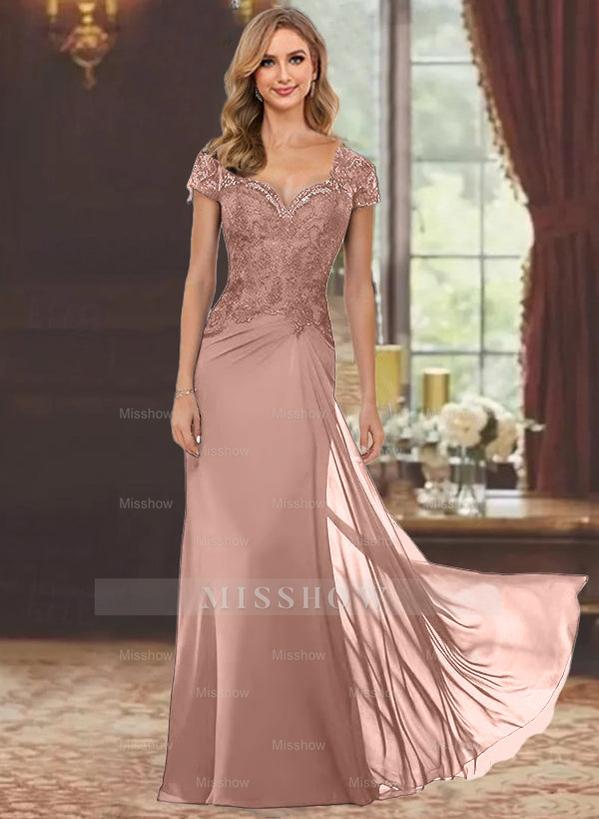 Sweetheart Short-Sleeve Floor-Length Sheath Mother of the Bride Dress with Lace Appliques & Sequins