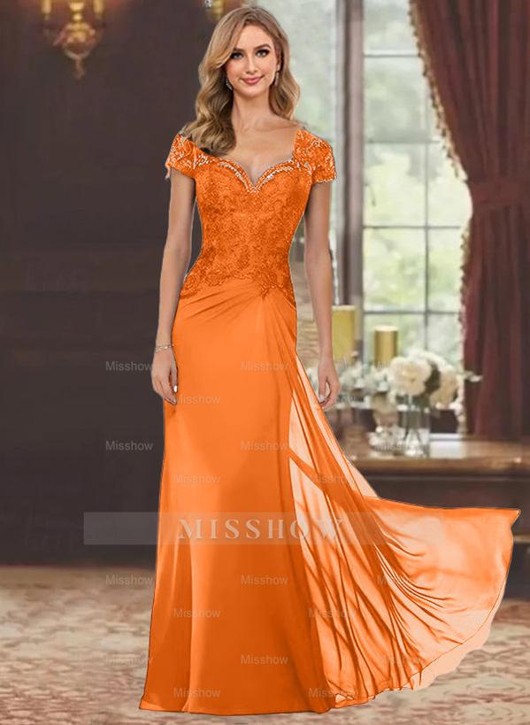 Sweetheart Short-Sleeve Floor-Length Sheath Mother of the Bride Dress with Lace Appliques & Sequins