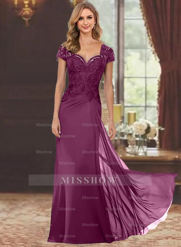 Sweetheart Short-Sleeve Floor-Length Sheath Mother of the Bride Dress with Lace Appliques & Sequins