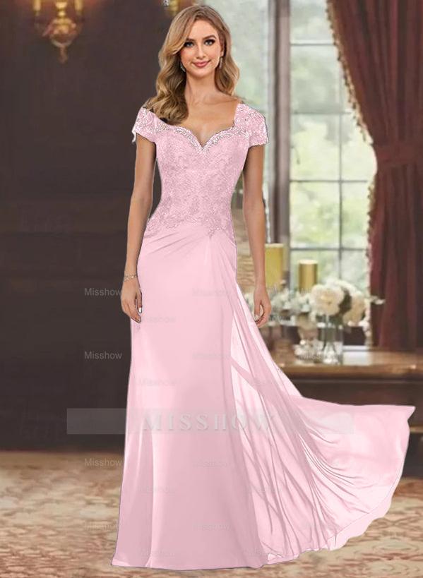 Sweetheart Short-Sleeve Floor-Length Sheath Mother of the Bride Dress with Lace Appliques & Sequins