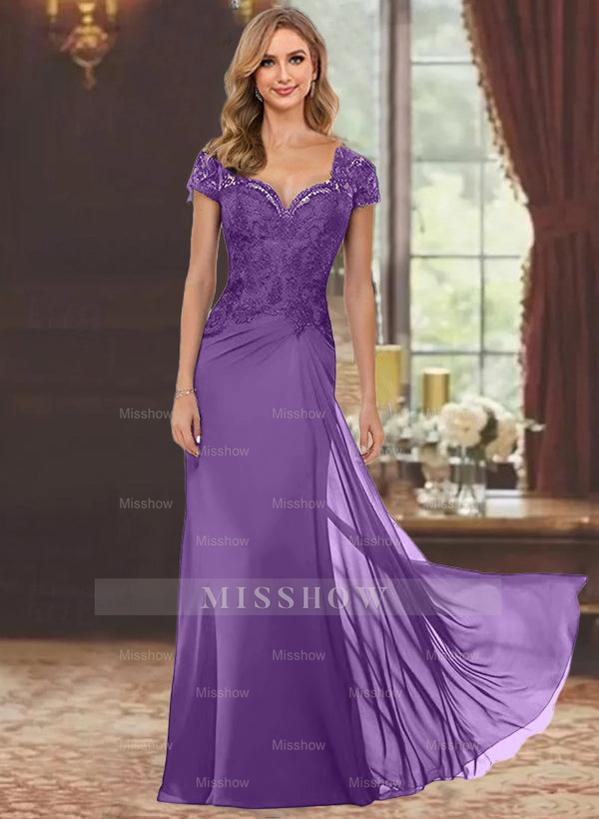 Sweetheart Short-Sleeve Floor-Length Sheath Mother of the Bride Dress with Lace Appliques & Sequins
