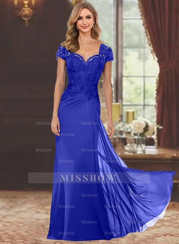 Sweetheart Short-Sleeve Floor-Length Sheath Mother of the Bride Dress with Lace Appliques & Sequins