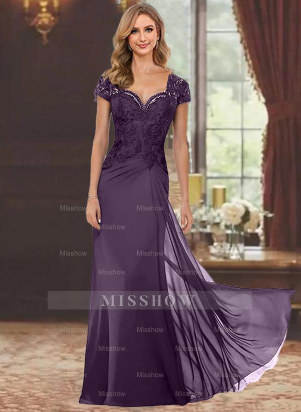 Sweetheart Short-Sleeve Floor-Length Sheath Mother of the Bride Dress with Lace Appliques & Sequins