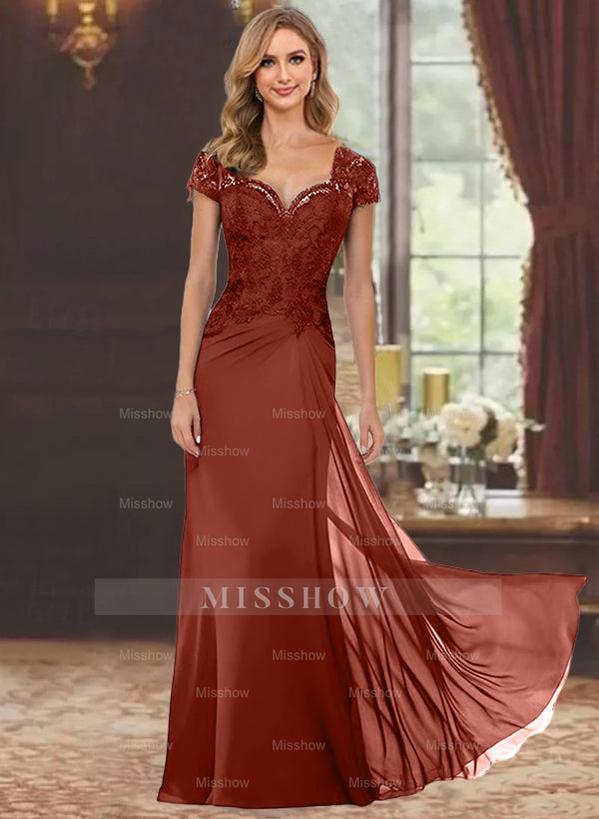 Sweetheart Short-Sleeve Floor-Length Sheath Mother of the Bride Dress with Lace Appliques & Sequins