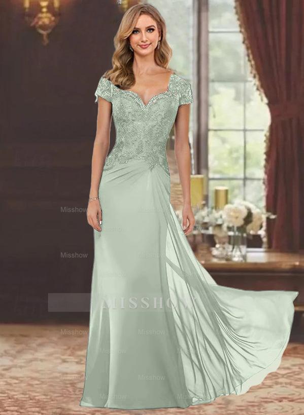 Sweetheart Short-Sleeve Floor-Length Sheath Mother of the Bride Dress with Lace Appliques & Sequins